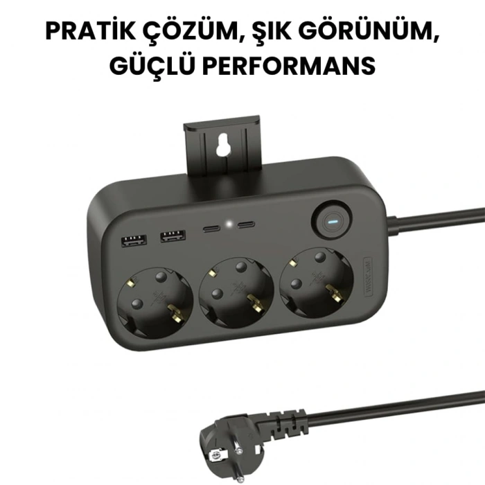 3’lü Priz + 4 USB (2 Type-C + 2 USB-A) Çoklayıcı | Duvara Monte Edilebilir, Aç/Kapa Anahtarı, Akım & Kısa Devre Koruma, Yüksek Güç Destekli Çoklu Priz