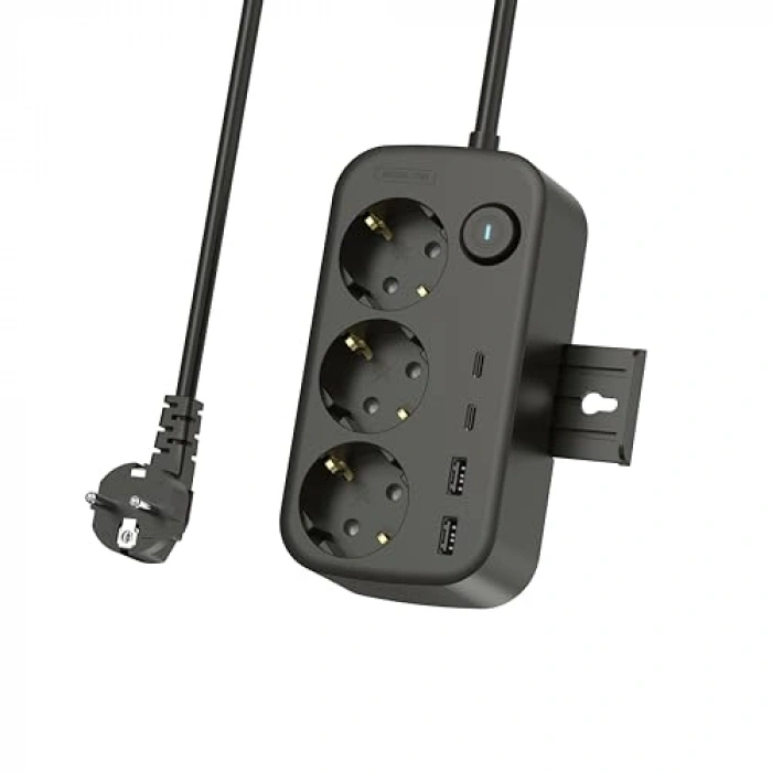 3’lü Priz + 4 USB (2 Type-C + 2 USB-A) Çoklayıcı | Duvara Monte Edilebilir, Aç/Kapa Anahtarı, Akım & Kısa Devre Koruma, Yüksek Güç Destekli Çoklu Priz