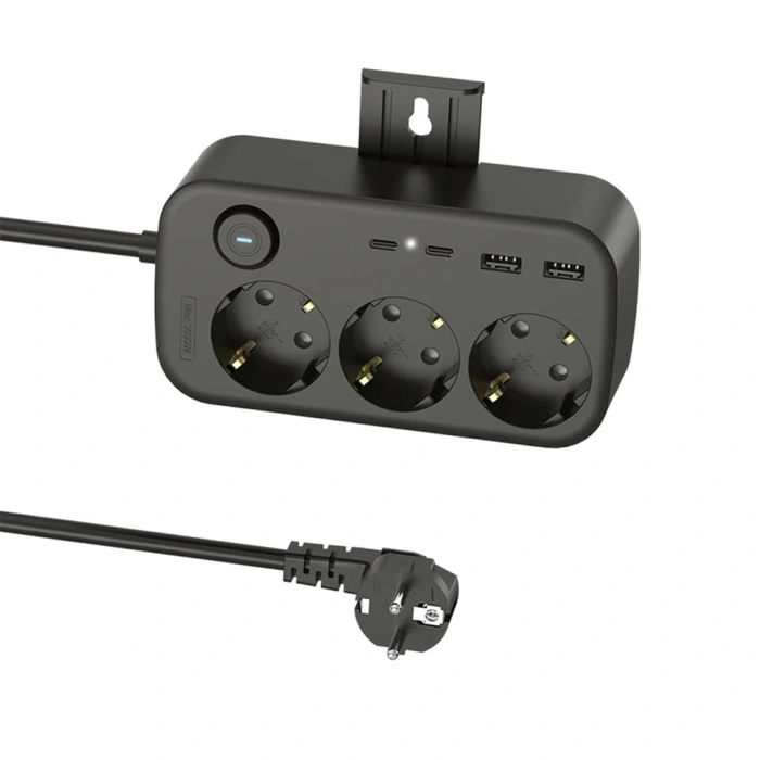 3’lü Priz + 4 USB (2 Type-C + 2 USB-A) Çoklayıcı | Duvara Monte Edilebilir, Aç/Kapa Anahtarı, Akım & Kısa Devre Koruma, Yüksek Güç Destekli Çoklu Priz