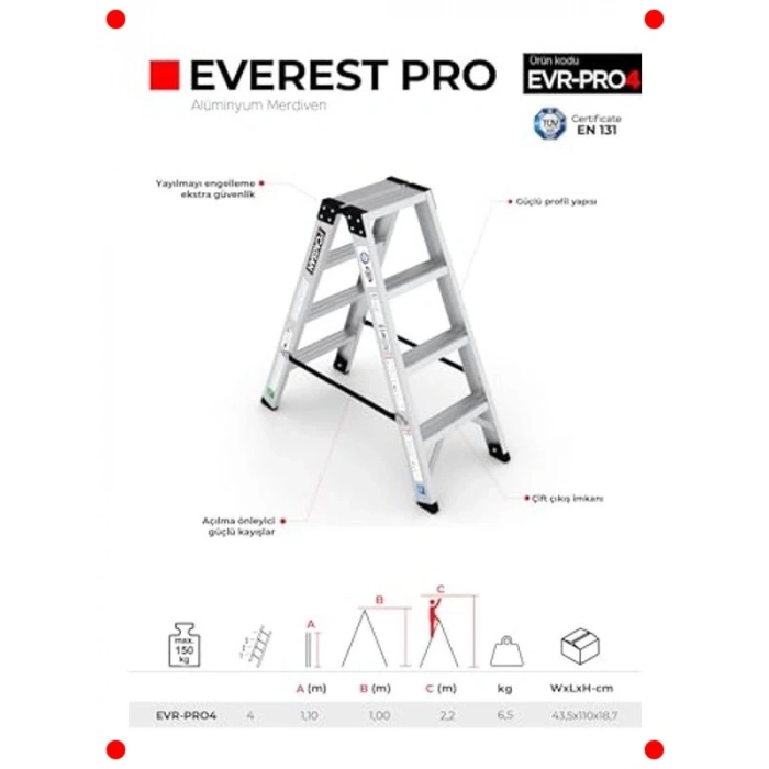 4 Basamaklı Çift Çıkışlı Alüminyum Merdiven