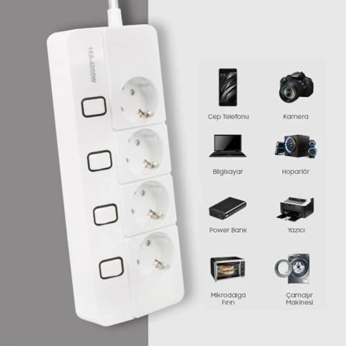 4lü Anahtarlı Akım Korumalı Priz - 4000 Watt Kapasite