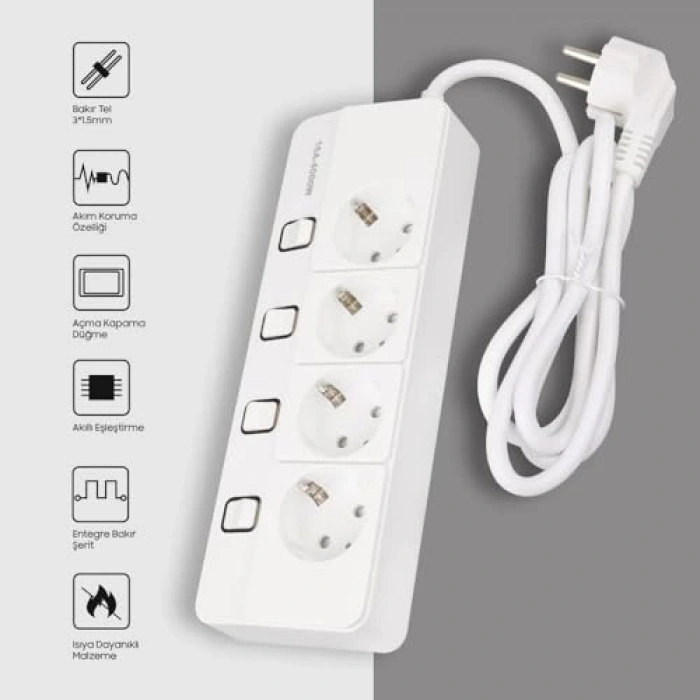 4lü Anahtarlı Akım Korumalı Priz - 4000 Watt Kapasite