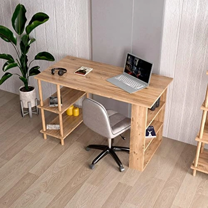 4 Raflı Ahşap Ayaklı Çalışma Masası, Modern Tasarım