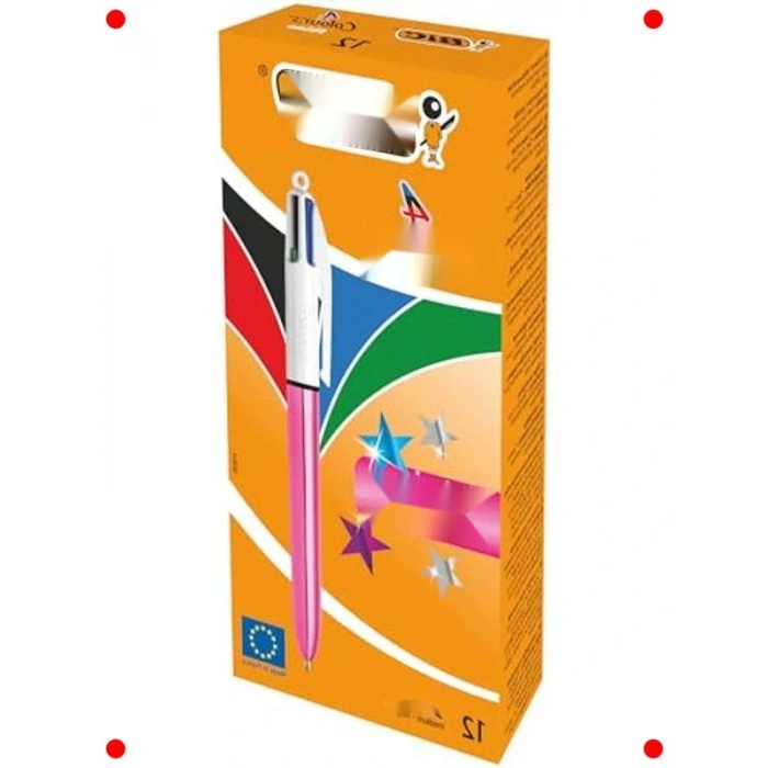 4 Renkli Tükenmez Kalem - Pembe Gövde, 12li Set