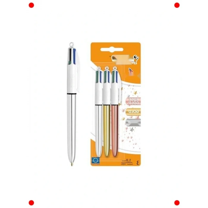 4 Renkli Tükenmez Kalem Seti (Parlak Gövde, 3lü)