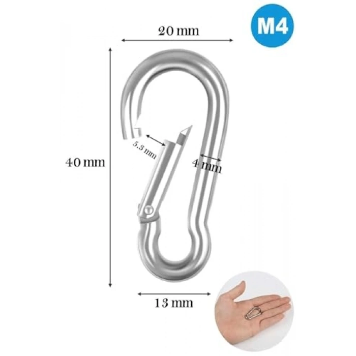 40x20x4 mm Boyutunda 316 Paslanmaz Çelik Karabina, 10 Adet