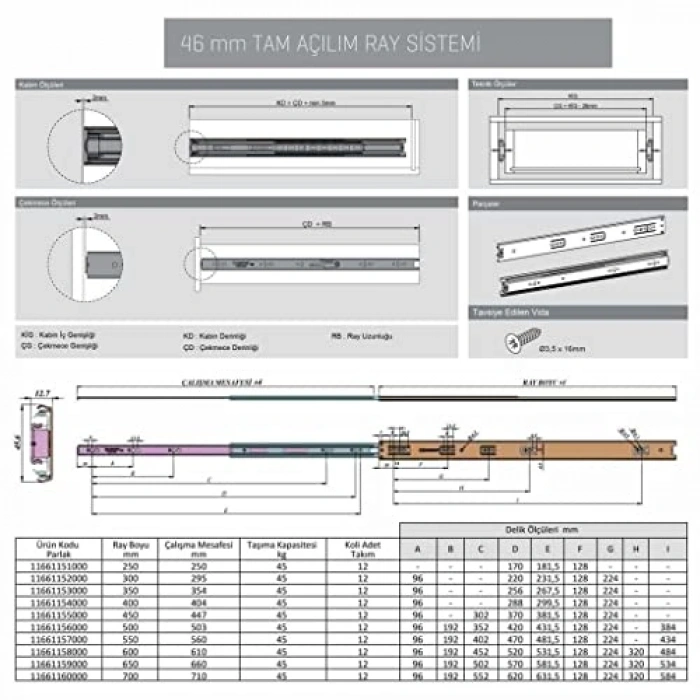 46x500 mm teleskopik çekmece rayı