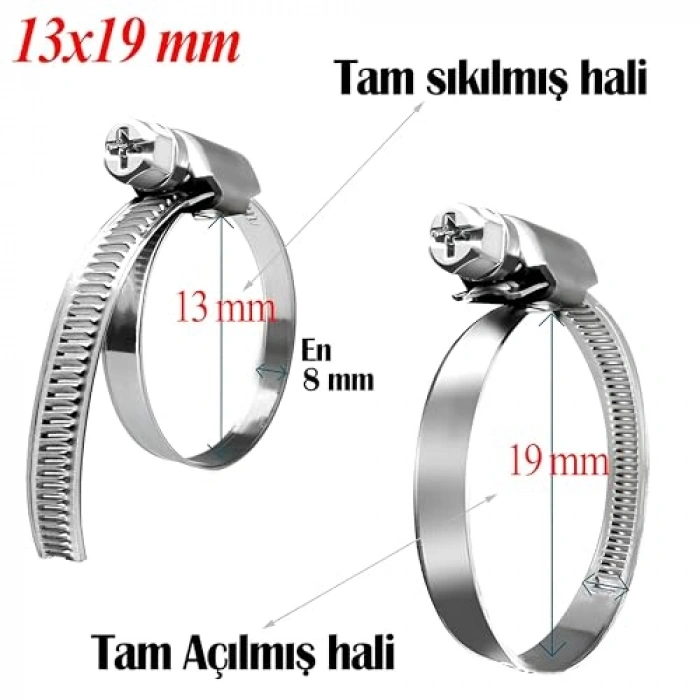 5 ADET Paslanmaz Çelik Hortum Kelepçesi 13x19 mm Ayarlanabilir