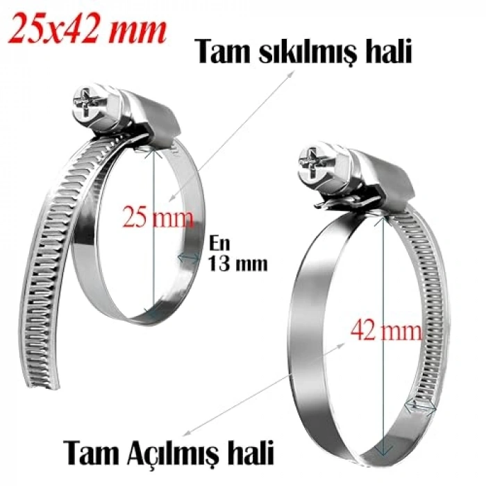 5 ADET Paslanmaz Çelik Hortum Kelepçesi 25x42 mm Tork Ayarlı
