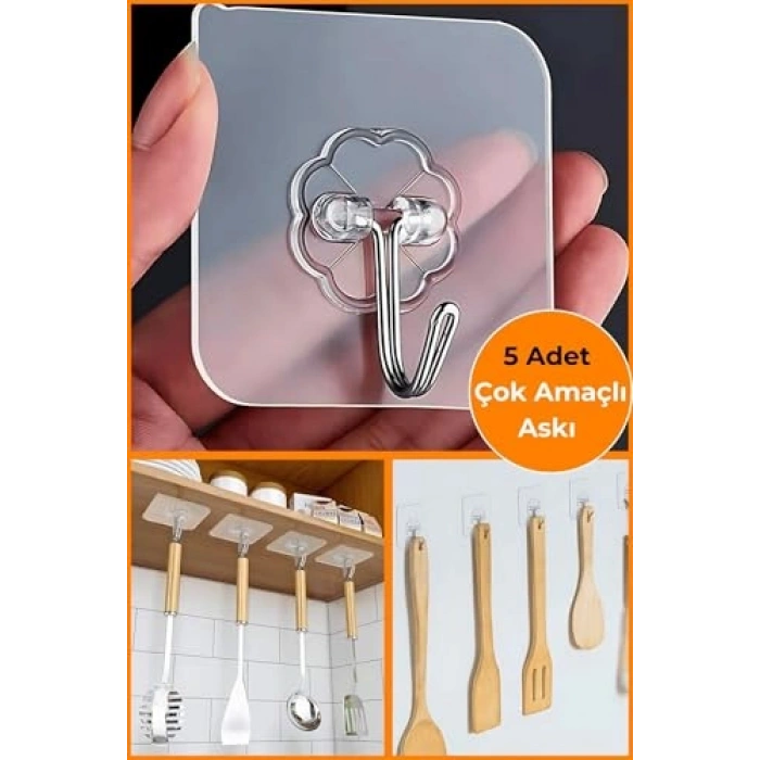 5 Adet Yapışkan Vantuz Duvar Askısı, Mutfak ve Banyo Aksesuarı