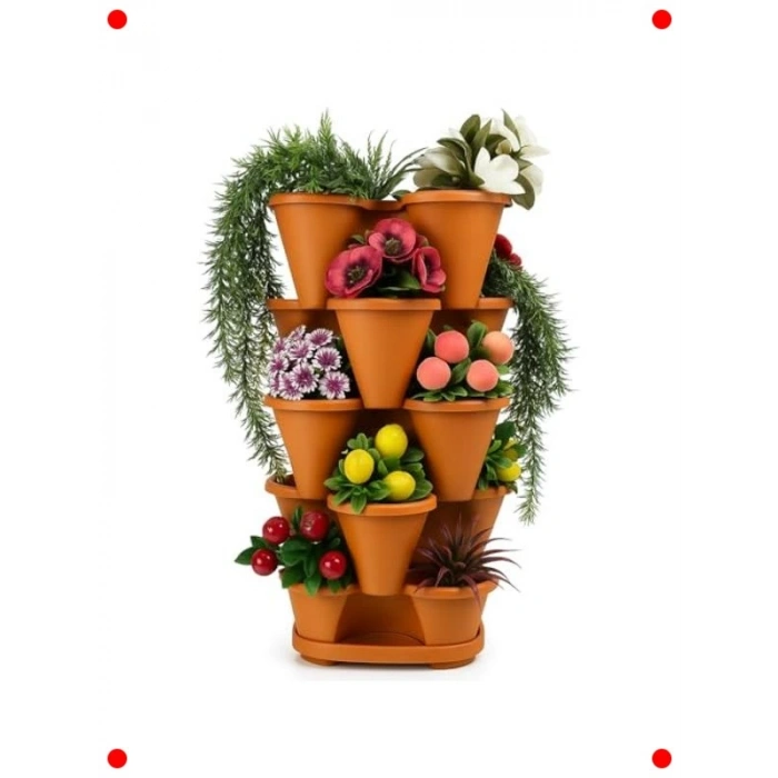 5 Katlı Modüler Kule Saksı Seti, Koyu Kahverengi