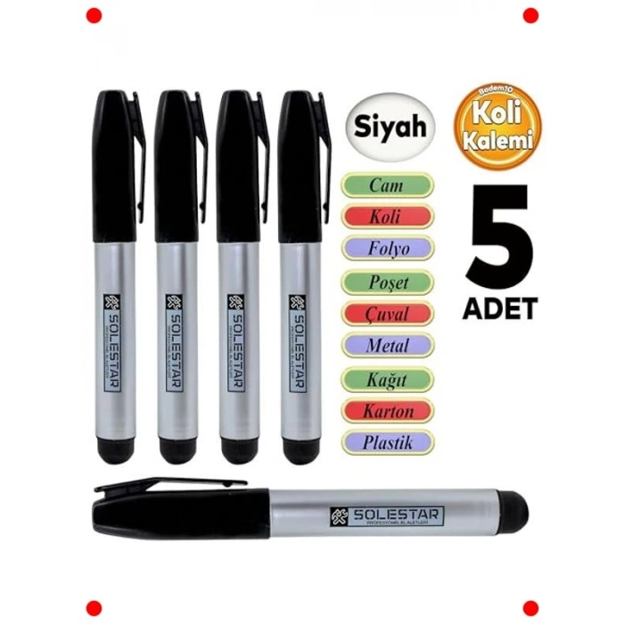 5li Kalıcı Siyah İşaretleme Kalemi, Suya Dayanıklı