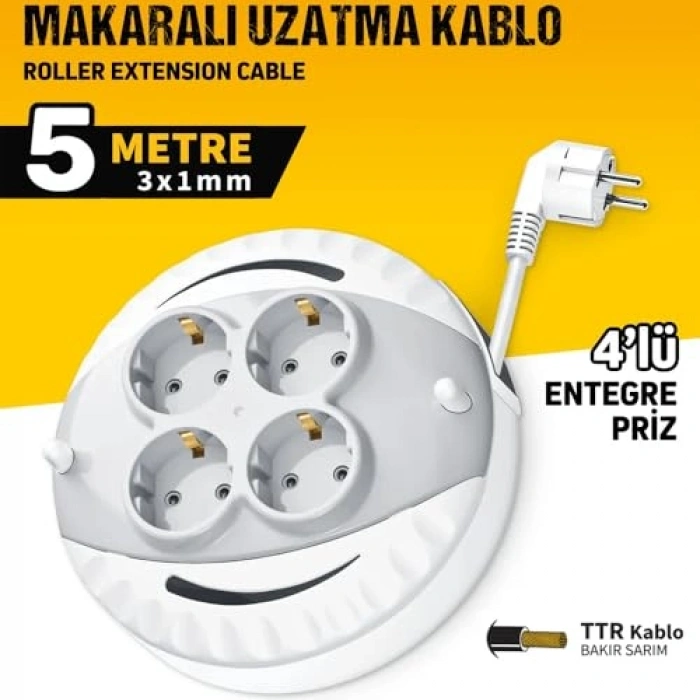 5 Metre Makaralı Dörtlü Grup Priz, 3x1mm Bakır Kablo