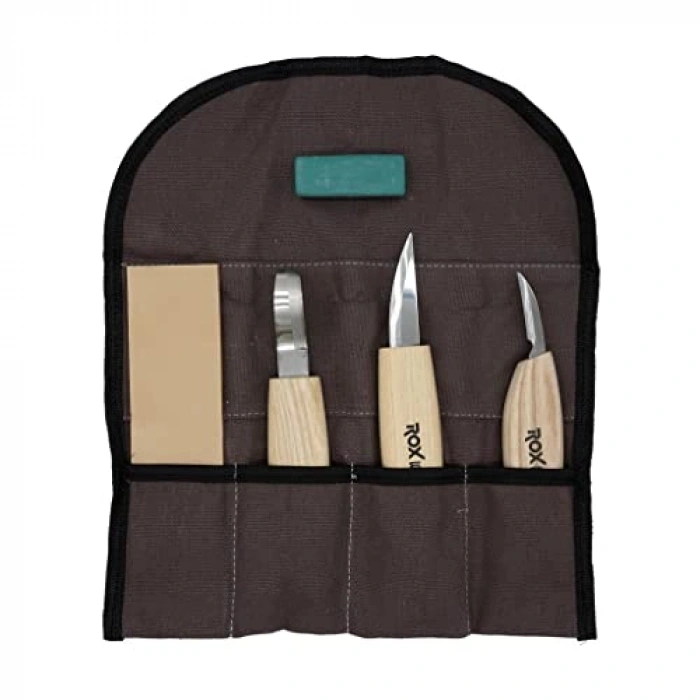 5 Parça Kaşık Oyma Bıçak Seti, Kanvas Çanta ile Beraber