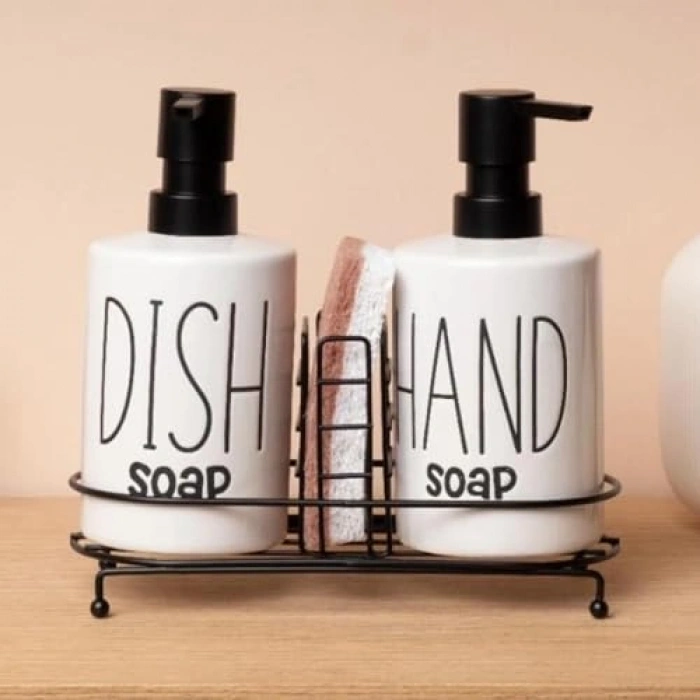 500 ml sıvı sabunluk ve bulaşık deterjanlık seti, metal standlı
