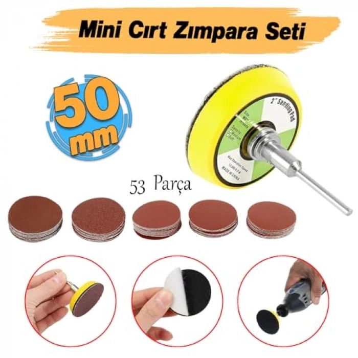 53lü Zımpara Seti, 50 mm Taban Matkap Uyumlu, Karışık Grit