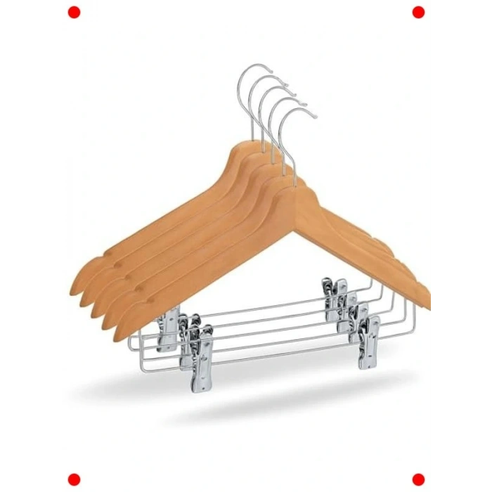 6lı Ahşap Çok Amaçlı Mandallı Elbise Askısı Seti