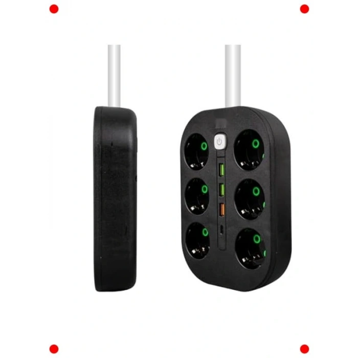 6lı Anahtarlı Akım Korumalı Priz (USB, Type-C, 2500W)
