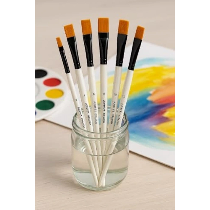6 Parça Akrilik Resim Fırça Seti, Düz Uçlu ve Kullanışlı