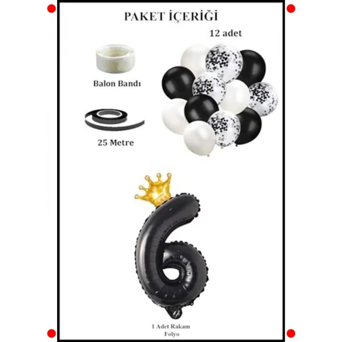6 Rakam Siyah Balon ve Parti Seti