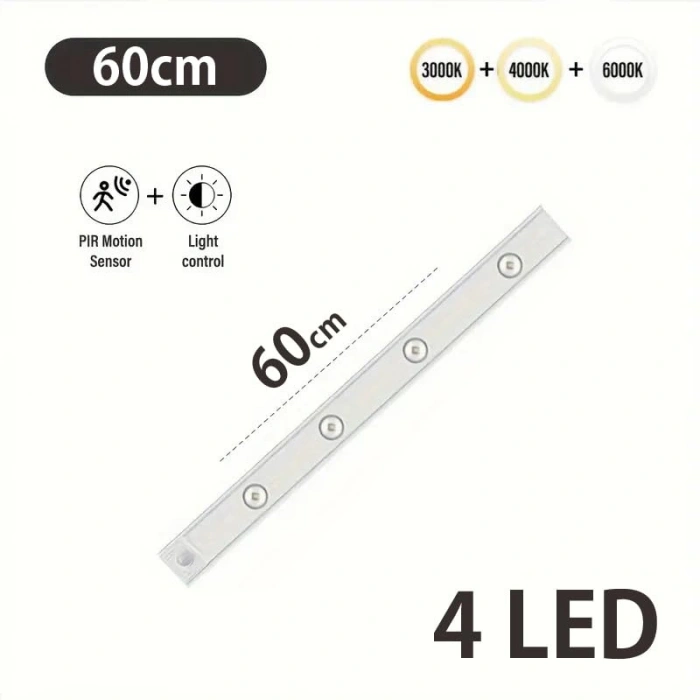 60 cm LED Şerit Aydınlatma - 3 Renk Modlu, Sensörlü ve Sürekli Işık Seçenekleri