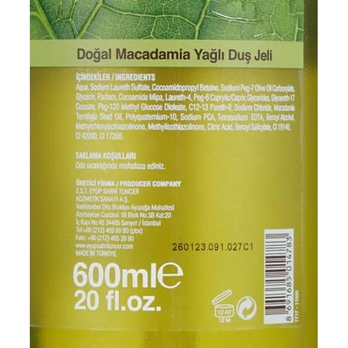 600 ml Doğal Macadamia Yağlı Duş Jeli
