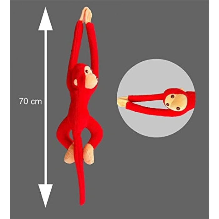 70 cm Kırmızı Peluş Maymun Oyuncak, Yapışkanlı Eller