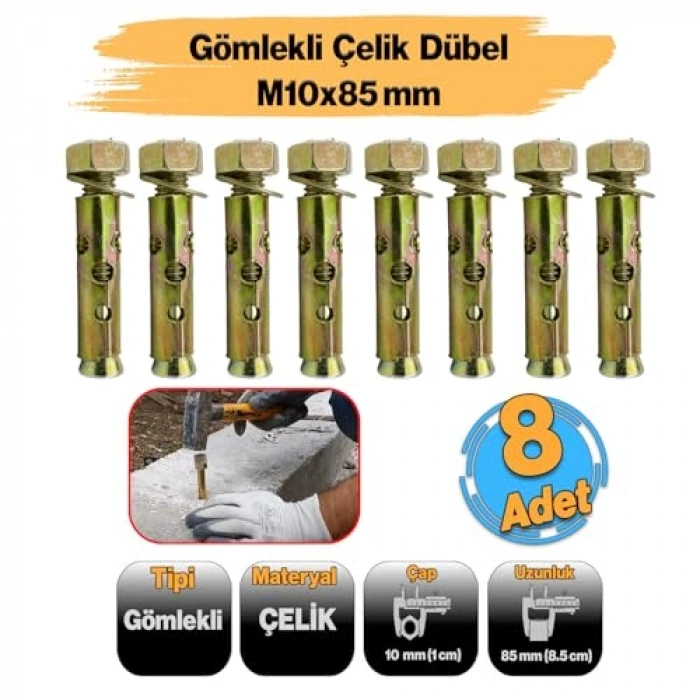 8 Adet Çelik Dübel, M10x85 mm, Raf Montajı İçin Uygun