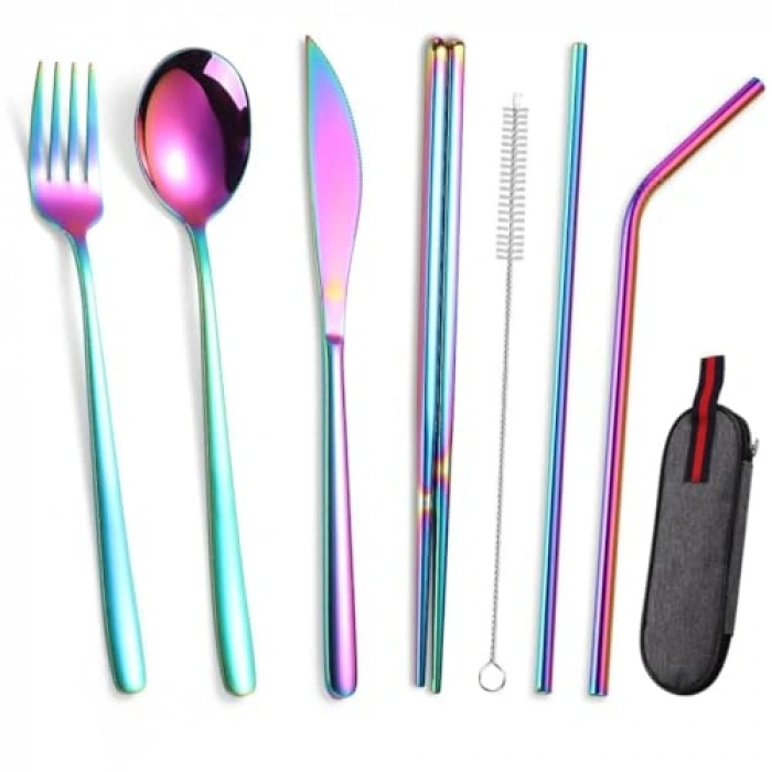 8 Parça Çantalı Paslanmaz Çelik Yolculuk Seti