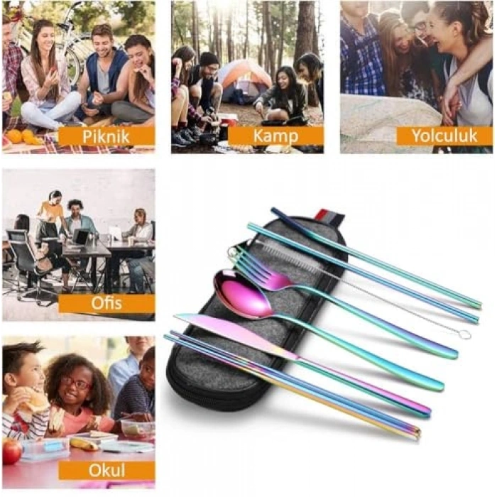 8 Parça Çantalı Paslanmaz Çelik Yolculuk Seti