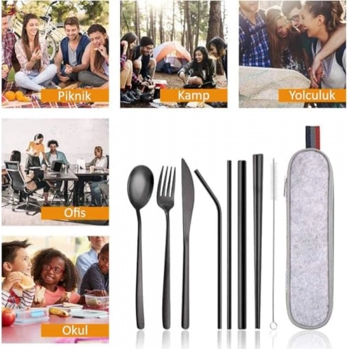 8 parça çantalı yolculuk seti, paslanmaz çelik