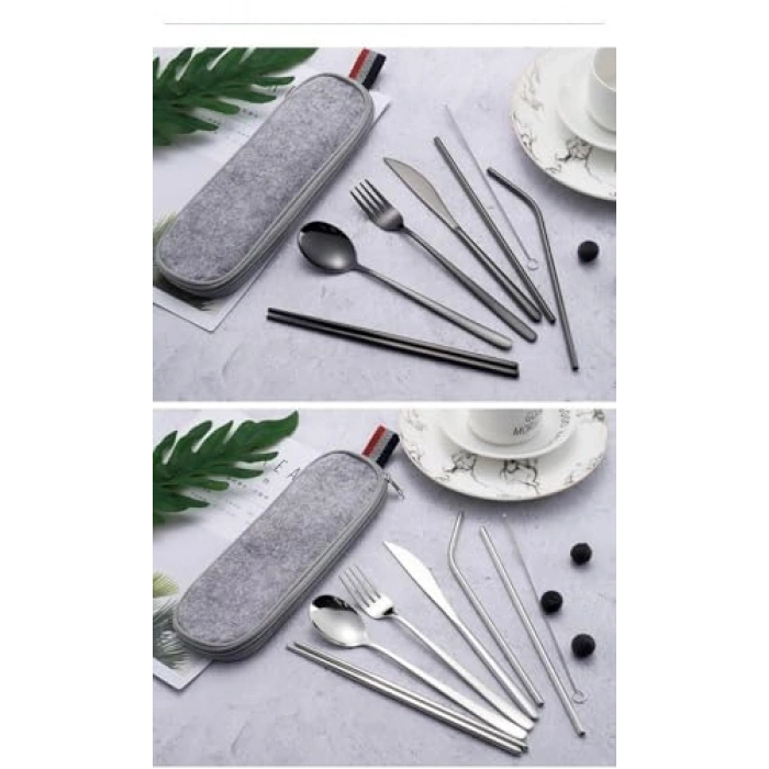 8 parça çantalı yolculuk seti, paslanmaz çelik malzemeden