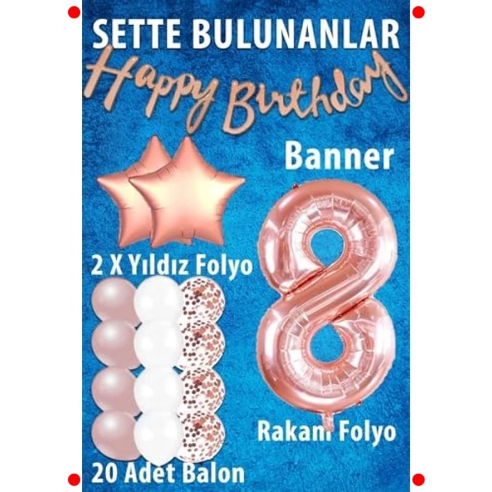 8 Yaş Rose Gold Tema Doğum Günü Kutlama Seti