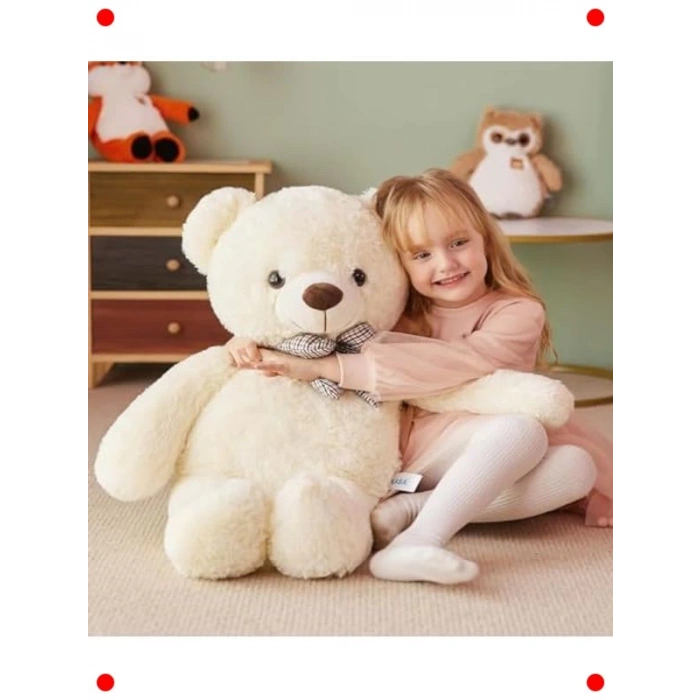 80 cm Papyonlu Sevimli Peluş Ayıcık - Beyaz