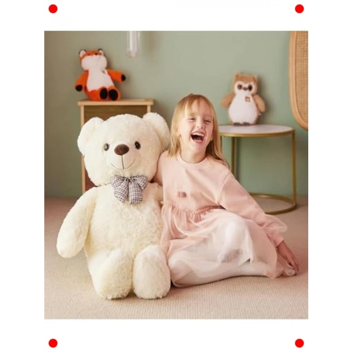 80 cm Papyonlu Sevimli Peluş Ayıcık - Beyaz
