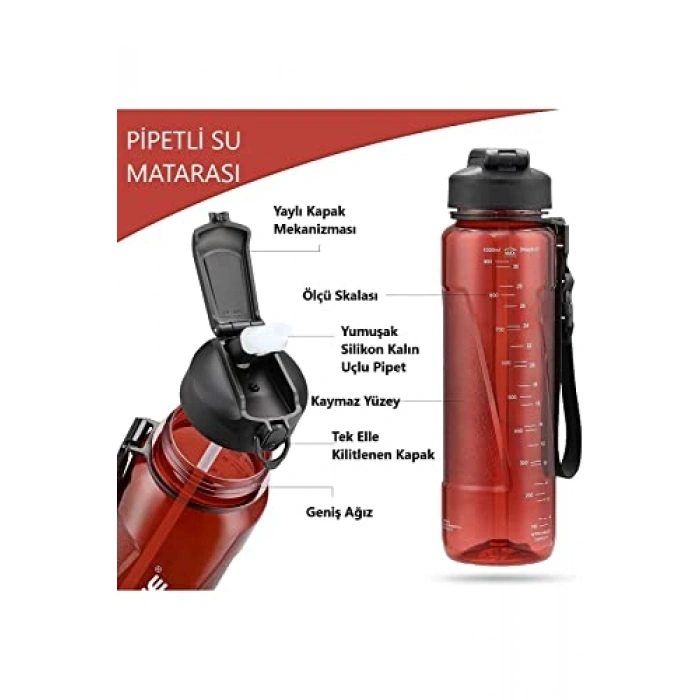 850ml Kırmızı Tritan Su Matarası, Pipetli Kullanım Özelliği