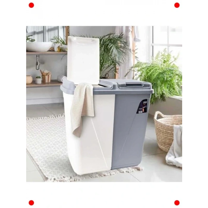 90 Litre Çift Bölmeli Çamaşır Sepeti Gri-Beyaz