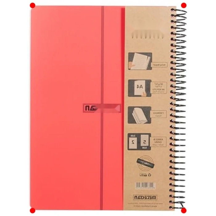 A4 Bölmeli Spiralli Defter - 7 Konu, Kırmızı PP Kapak