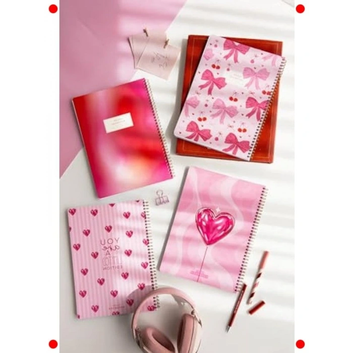 A4 Spiralli Çizgili Okul Defteri Seti - 4lü, Kırmızı Kalp