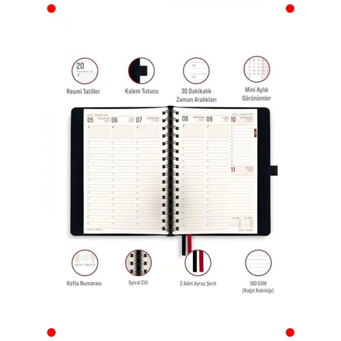 A5 Deri Spiralli Planlayıcı Ajanda - Kasım 2025-Aralık 2026