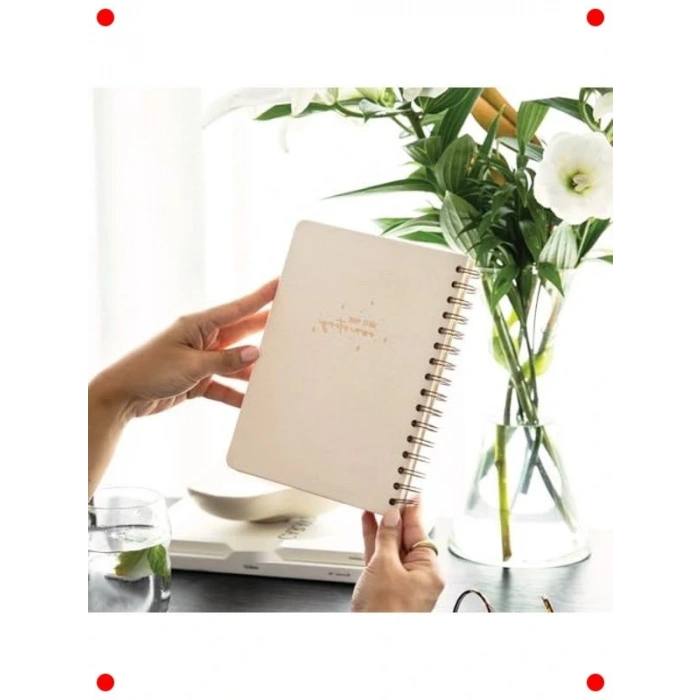 A5 Spiralli Keten Kapak Tarihsiz Defter - Krem Çizgili