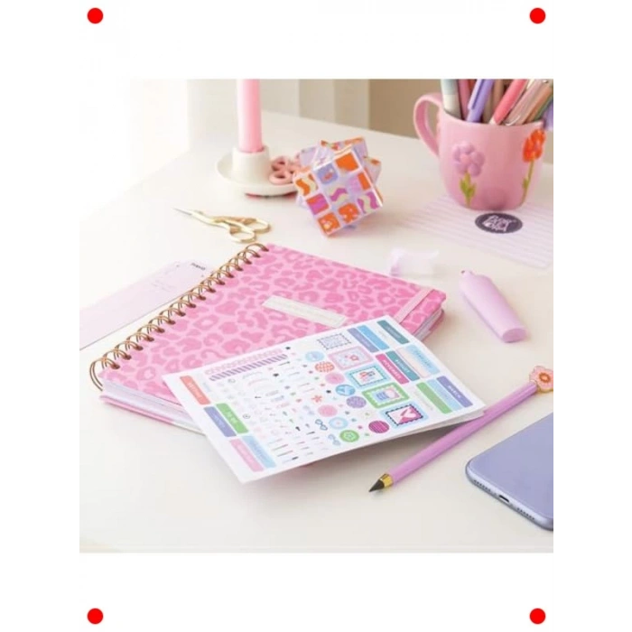 A5 Spiralli Süresiz Ajanda, Pembe Leopar Desenli