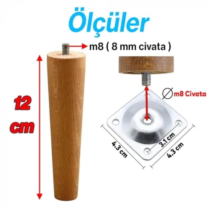 Ahşap 12 cm 4lü Set, Kanepe Masa Ayağı, M8 Civata Bağlantılı