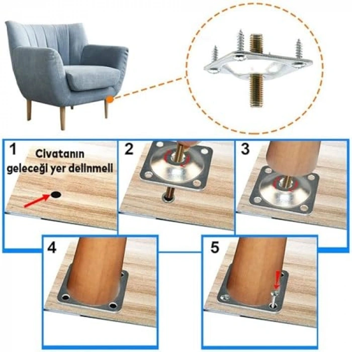 Ahşap 12 cm 4lü Set, Kanepe Masa Ayağı, M8 Civata Bağlantılı