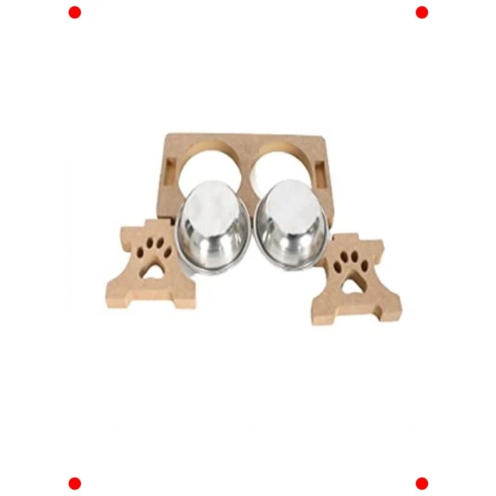 Ahşap 2 Çelik Taslı Mama ve Su Kabı (Demonte)