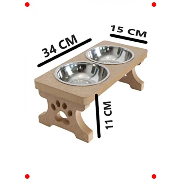 Ahşap 2 Çelik Taslı Mama ve Su Kabı (Demonte)