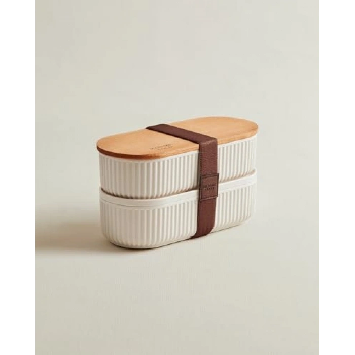 Ahşap Kapaklı 500 ml Saklama Kabı, Soft Ekru Renk