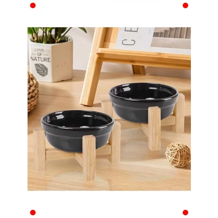 Ahşap Standlı Çift Seramik Evcil Hayvan Mama Kabı