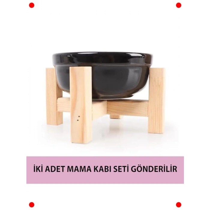 Ahşap Standlı Çift Seramik Evcil Hayvan Mama Kabı