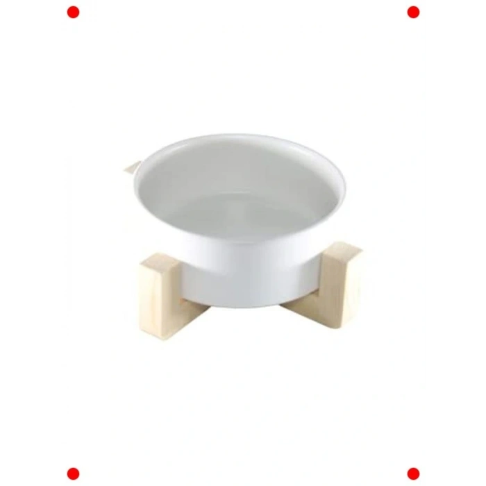 Ahşap Standlı Seramik Mama & Su Kabı (Tekli, Beyaz)